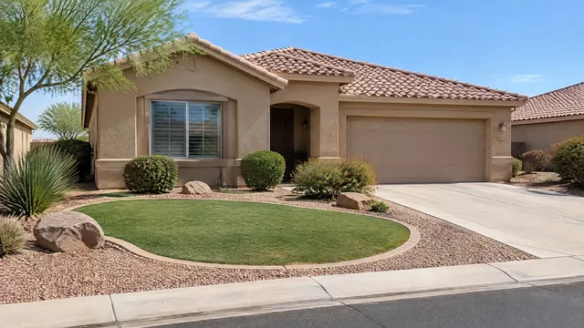 Front yard of a single-story tan stucco home in a 55-plus community in south Chandler, Arizona, a small synthetic turf lawn with a curved edge, gravel and boulders, a short driveway and tile roof