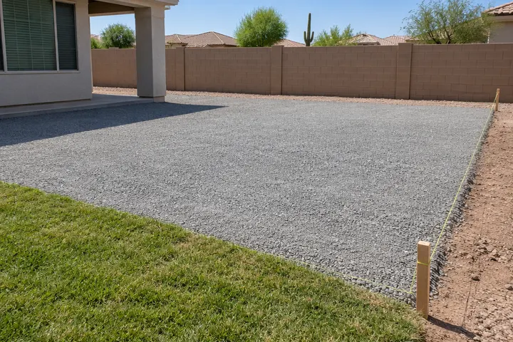 Freshly compacted gray crushed rock base in a backyard, smooth and level, with a string line and stakes marking the edge