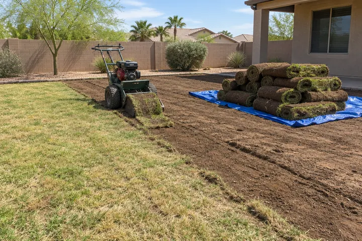Old grass and sod being stripped from a backyard with a sod cutter, rolled strips of sod stacked on a tarp, exposed soil beneath, no people