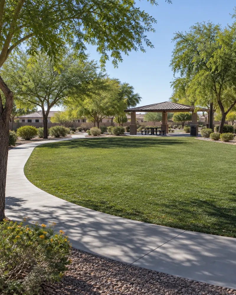 Artificial turf in a common-area park inside a Chandler, Arizona HOA community, a ramada and shade trees, walking path around it