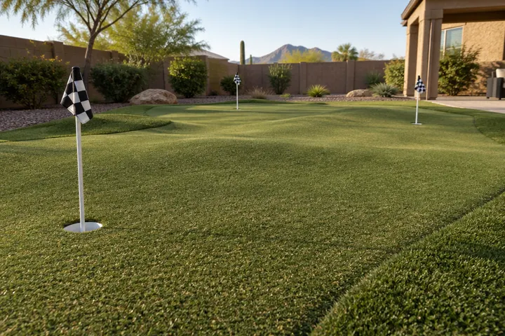Backyard artificial putting green with gentle rolling contours and three cups, seen at a low angle