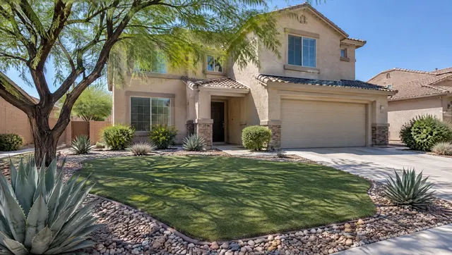 Front yard of a two-story Chandler, Arizona stucco home with synthetic turf framed by river rock and agave, a concrete driveway beside it, a mature mesquite tree, clear blue sky