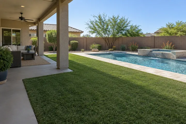 Backyard of a Chandler home with synthetic turf filling the space between a covered patio and a pool deck