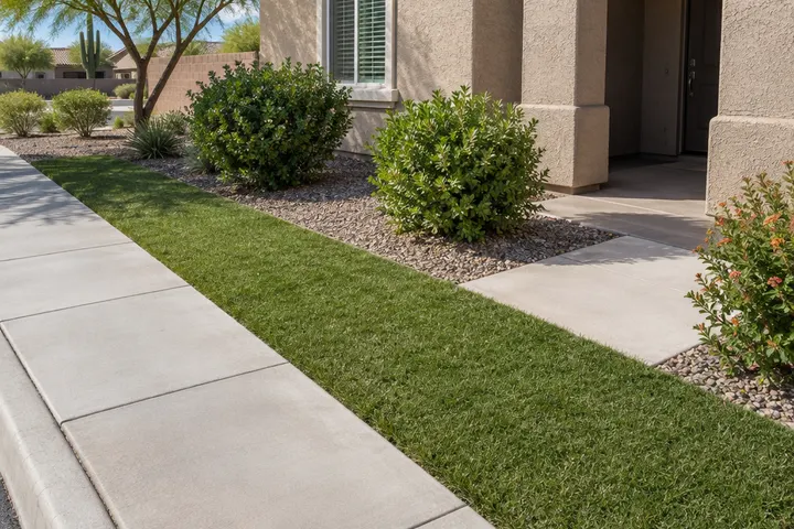 Narrow front yard parkway strip of synthetic turf between a sidewalk and a front walkway at a stucco home