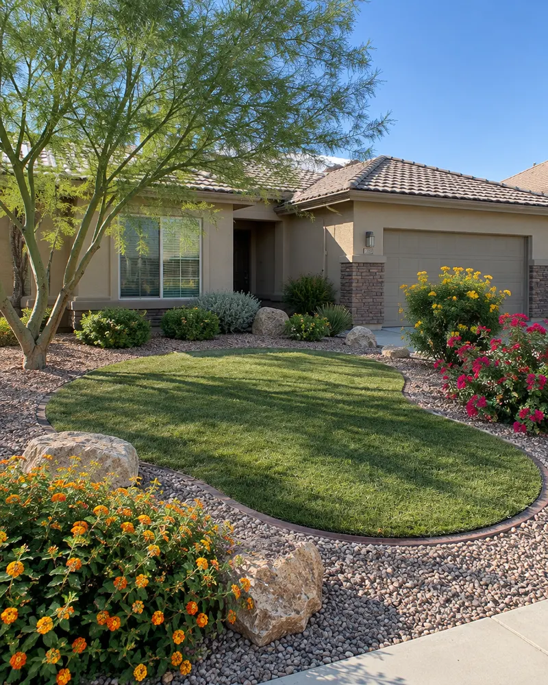Front yard of a single-story Chandler, Arizona home with a small synthetic turf lawn shaped like a kidney, ringed by gravel, boulders and blooming desert shrubs