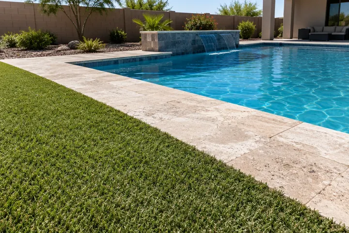Synthetic turf meeting a travertine pool deck edge in a backyard, clean transition, blue pool water