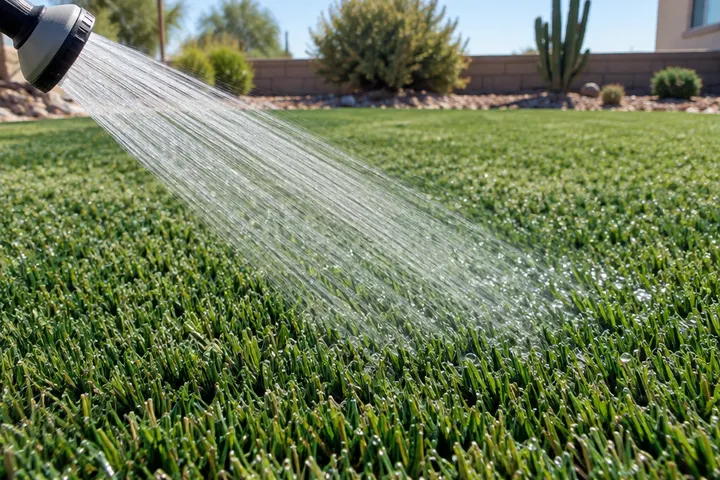 Artificial turf being rinsed with a wide fan of water from a garden hose nozzle, water beading on the blades